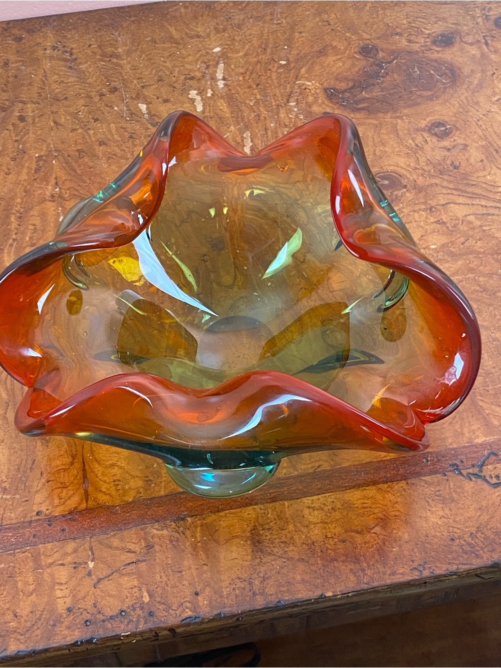 Vintage Murano Style  Red Green  Art Heavy Glass Ashtray Bowl Mid Century